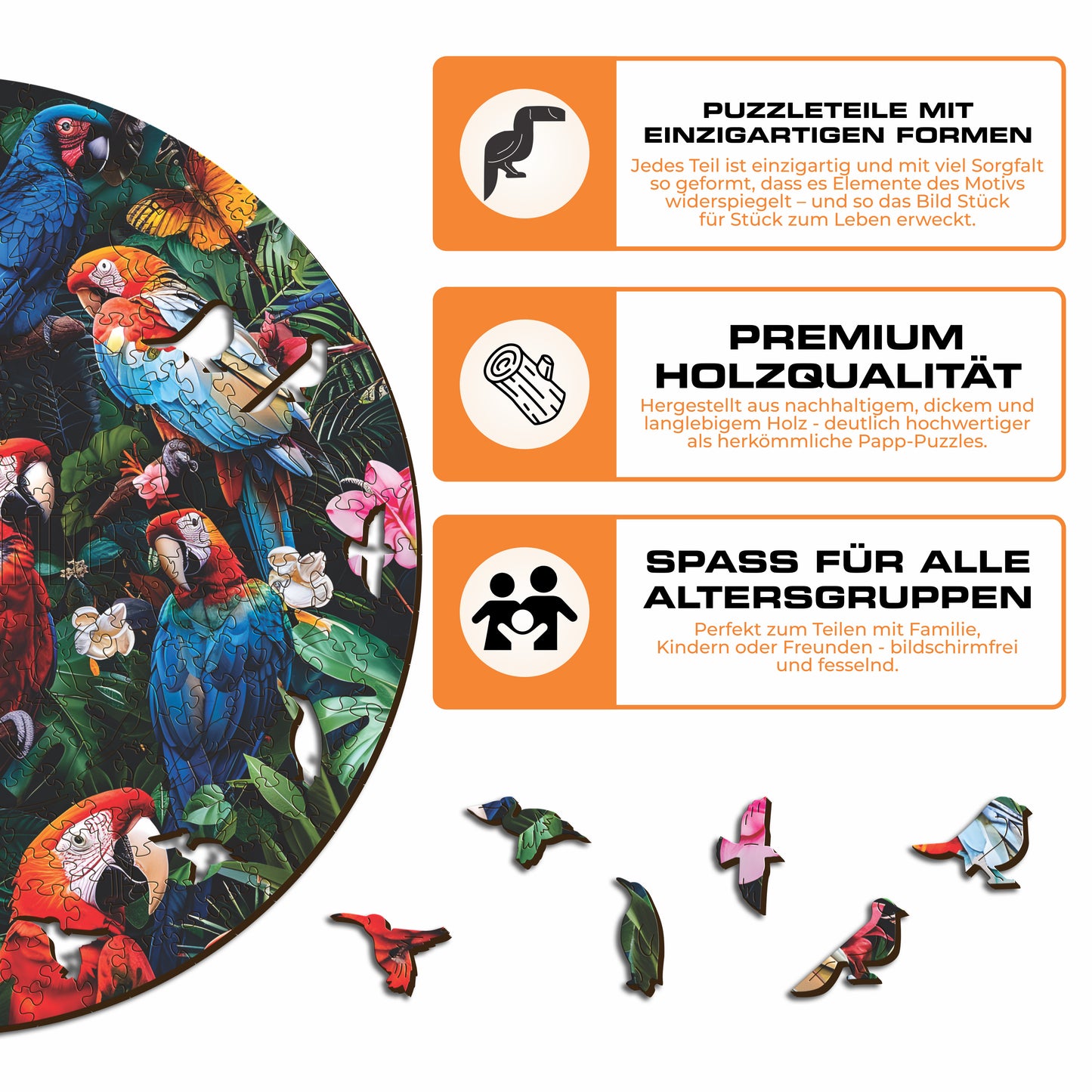 Bunte Papageien - Holzpuzzle